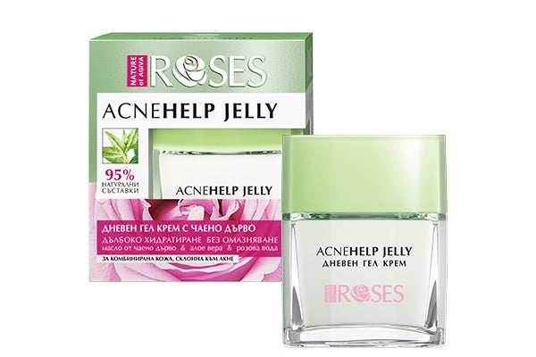 Päiväkasvovoide AcneHelp Jelly 50 ml Ruusuvesi, Aloe Vera & Teepuuöljy - Ongelmaiholle, Akneen, 95 % luonnollisia ainesosia
