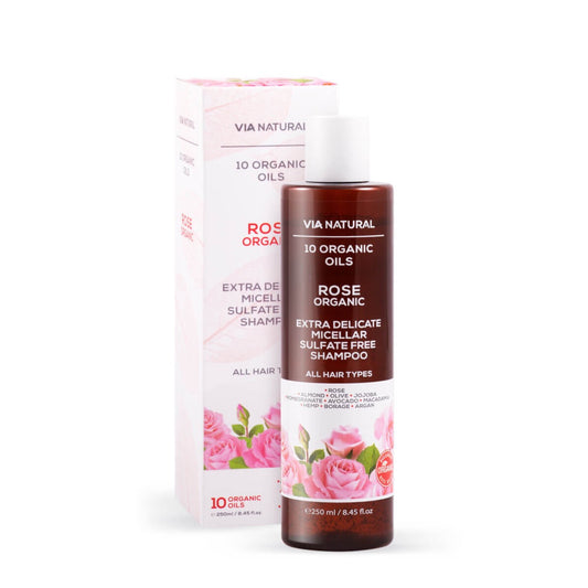 Via Natural Rose Organic shampoo 250 ml - 10 ekologiska oljor, ekologiskt rosenvatten, sulfatfritt, för alla hårtyper